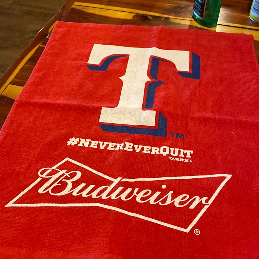 Pro towels inc. Texas Rangers Budweiser # NeverEverQuit 15 in x 17 in towel.